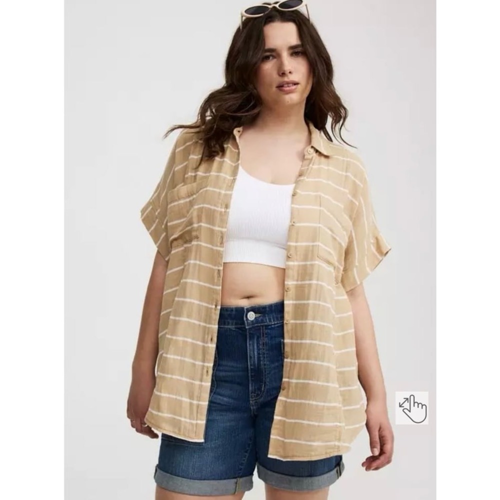 Torrid Striped Dolman Button Up Shirt Tan‎ White Gauze Relaxed Womens 4 NWT